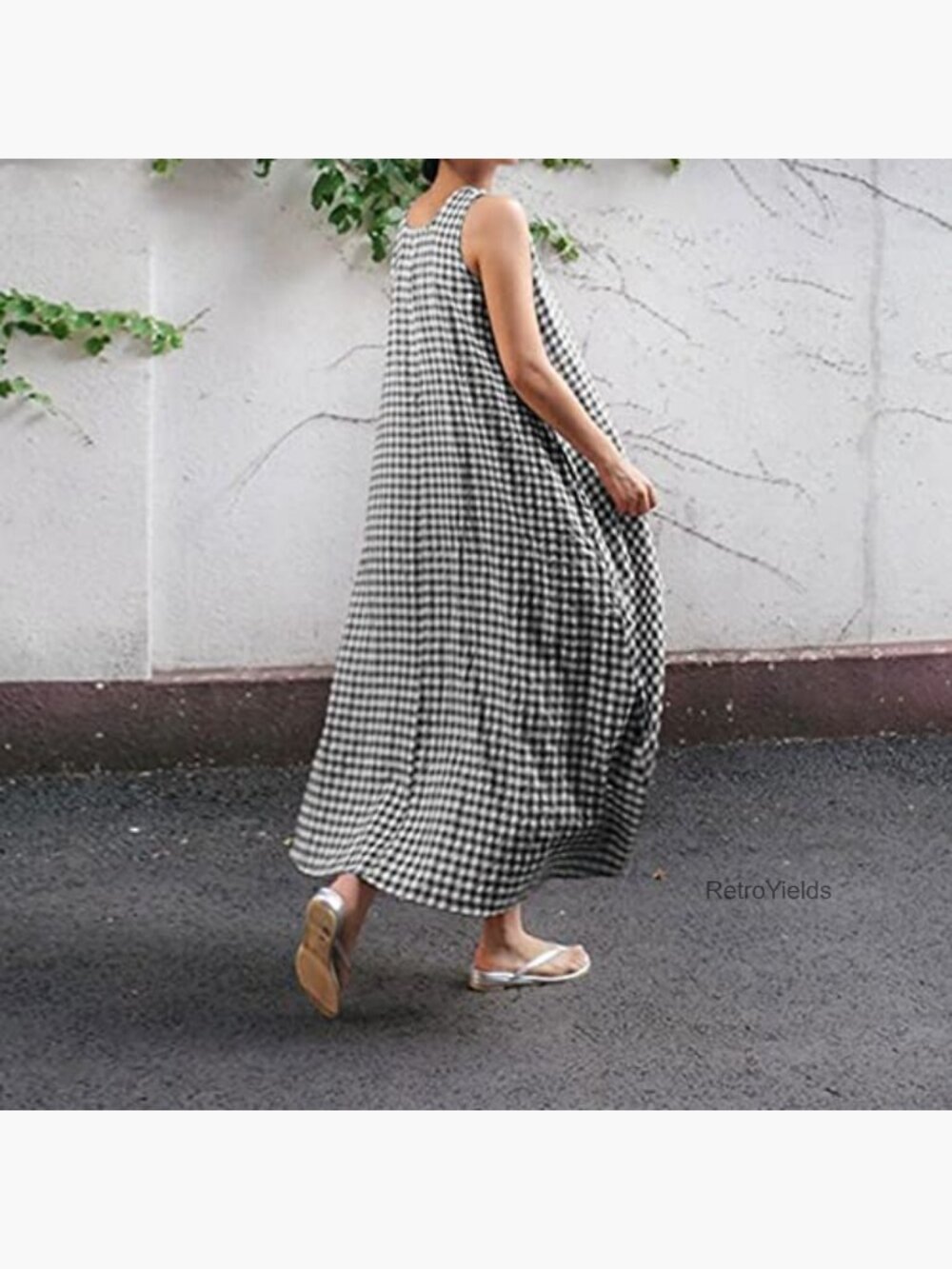 Cotton Linen Tank Maxi Dress with Pockets Plaid Boho - Picture 3 of 5
